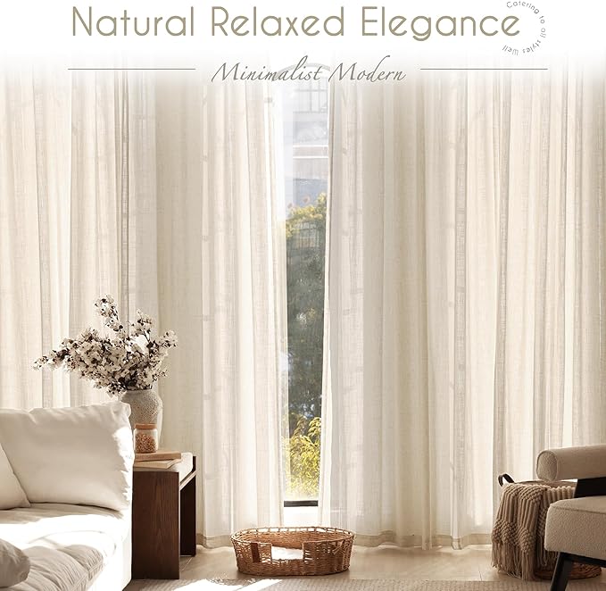 Apricot Linen Curtain 102 inch Length 2 Panels Set Back Tab Light Filtering Living Room Curtain Drapes Home Office Modern Minimalist Decor Farmhouse Boho Neutral Cream Semi Sheer Curtain 102 inch Long