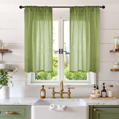 BGment 45 Inch Length Green Linen Curtains for Kitchen Window - Short Drapes Semi Sheer Textured Light Filtering with Rod Pocket for Cafe Front Door Window, 2 Panels Set, 30 X 45 Inch