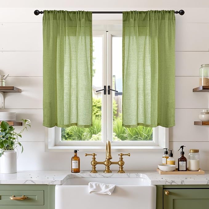 BGment Short Linen Semi Sheer Curtains 40 Inch Length for Kitchen Cafe Window - Small Green Drapes Light Filtering with Rod Pocket for Front Door Bathroom, 2 Panels Set, 30 X 40 Inch