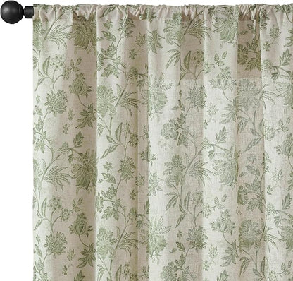 jinchan Linen Floral Curtains for Living Room with Printed Flower 63 Inches Long Light Filtering French Country Back Tab Rod Pocket Sage Green Window Curtain Set Farmhouse Drapes 2 Panels