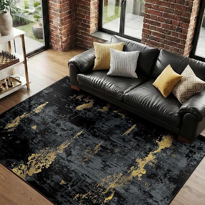 Washable Area Rugs 6'x9' Non-Slip Modern Abstract Soft for Living Room Entryway Bedroom Nursery, Print Pattern, Dark Black Gold