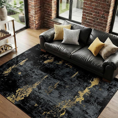 Washable Area Rugs 9'x12' Non-Slip Modern Abstract Soft for Living Room Entryway Bedroom Nursery, Print Pattern, Dark Black Gold