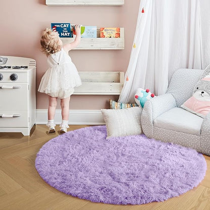 Amdrebio Light Purple Circle Round Rugs 4Ft for Girls Bedroom, Fluffy Fuzzy Area Rugs for Kids Room Decor Aesthetic, Soft Cute Furry Plush Shaggy Lavender Carpet for Living Room, Baby Nursery, Dorm