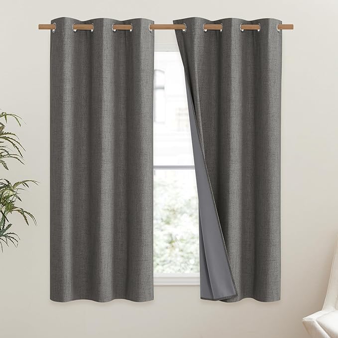 NICETOWN Grizzle Gray Vintage Linen 100% Blackout Curtains for Dining Room, Thermal Insulated Curtains 54" Long, Noise Reducing Window Treatment Drapes for Kitchen, 42" Wide Per Panel, Set of 2