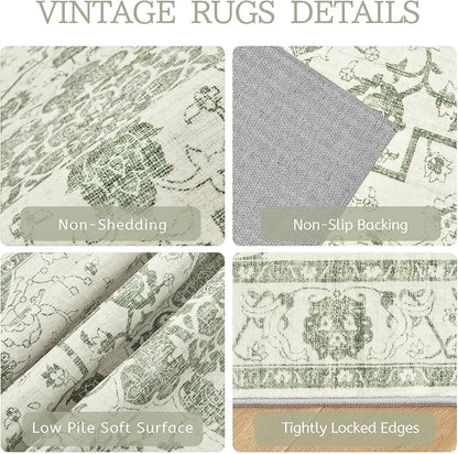 Madane 5x7 Area Rugs for Living Room, Vintage Stain Resistant Area Rug, Floral Print Rug Non-Slip Thin Washable Rugs for Bedroom Dining Room, Green/Ivory