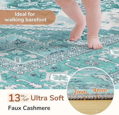 OPPODREAM Soft 6x9 Area Rugs, Washable Rug 6x9 with Non Slip Backing, Faux Cashmere Low-Pile 6 x 9 Carpet, Teal & Turquoise & Cream