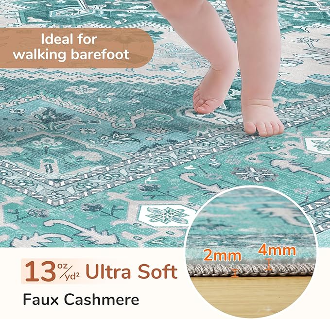 OPPODREAM Soft Area Rugs 4x6, Low-Pile Washable Rugs 4x6 with Non Slip Backing, Faux Cashmere 4 x 6 Throw Carpet, Teal & Turquoise & Cream