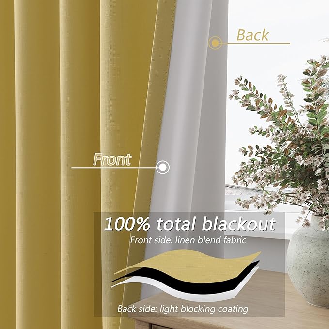 Guken Yellow 100% Blackout Linen Curtains 108 Inch Length 2 Panels Set for Living Room Bedroom Back Tab Thermal Insulated Black Out Drapes Room Darkening Farmhouse Window Curtains, 52x108