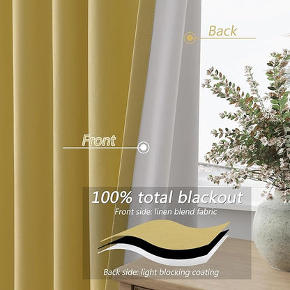 Guken Yellow 100% Blackout Linen Curtains 63 Inch Length 2 Panels Set for Living Room Bedroom Back Tab/Rod Pocket Thermal Insulated Black Out Drapes Room Darkening Farmhouse Window Curtains