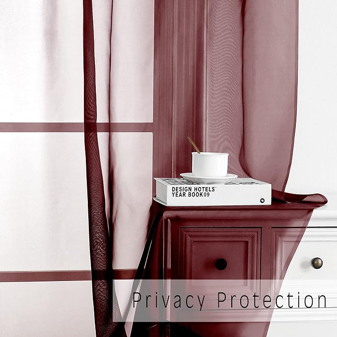 OVZME Burgundy Sheer Curtains 63 inch Length 2 Panels Set for Christmas, Elegant Light Filtering Airy Burgundy Voile Window Treatments, Each is 42W x 63L