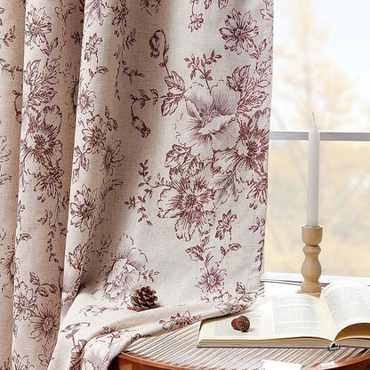 jinchan Blackout Floral Curtains for Living Room Bedroom Linen Blend Curtain Farmhouse Brick Red Printed with Lined Back Tab Rod Pocket Drapes Window Treatments 2 Panels 90 Inch