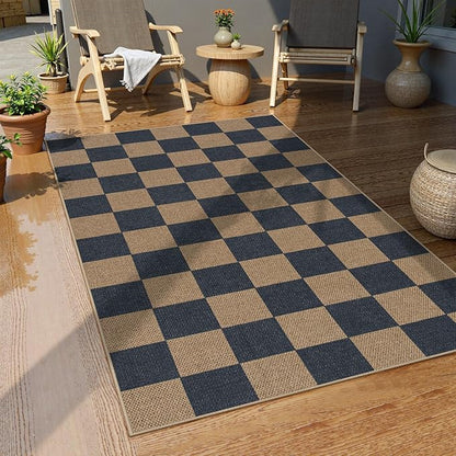 Lahome Colette Checkered Easy Jute Indoor Outdoor Carpet, 3x5 Washable Rugs for Entryway Living Room Farmhouse Area Rug, Non Slip Blue Checkerboard Indoor Door Mat for Entry Patio Deck
