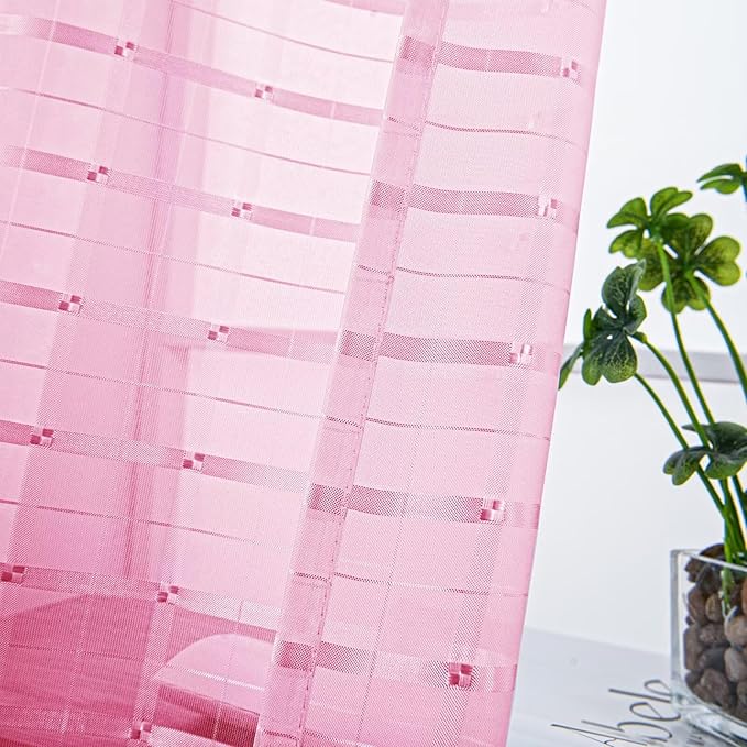 SpaceDresser Check Sheer Curtains 72 Inches 2 Panels Set, Rod Pocket Plaid Window Curtain for Living Room, Pink Semi Sheer Drapes for Kitchen Bedroom Children Room Yard（Pink, 52W x 72L）