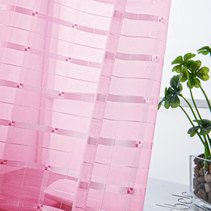 SpaceDresser Check Sheer Curtains 90 Inches 2 Panels Set, Rod Pocket Plaid Window Curtain for Living Room, Pink Semi Sheer Drapes for Kitchen Bedroom Children Room Yard（Pink, 52W x 90L）