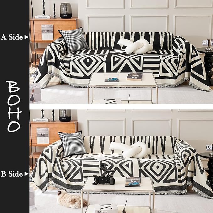 HANDONTIME Boho Sofa Covers for Dogs Black Couch Sofa Covers for 3 Cushion Couch Sofa Beige Chenille Sofa Slipcover Washable Sectional l Shaped Covers Pets Protector Furniture Covers, 71" X134"