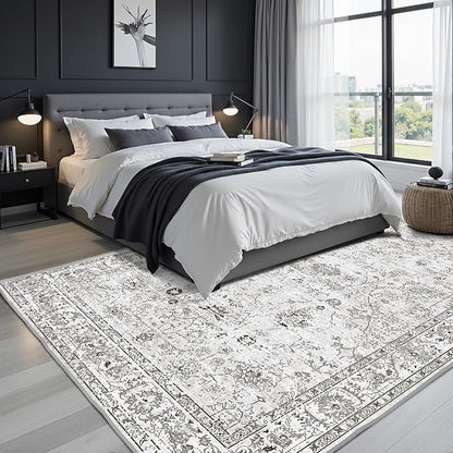 Washable Area Rug 8x10 Gray, Large Soft Rugs for Living Room Floral Grey White Carpet 8x10 Area Rugs for Bedroom Dining Room Non-Slip Stain Resistant Under Table Rug (8 x 10, Grey White)