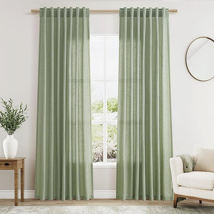 Nanspringt Light Sage Linen Semi Sheer Curtains 80 Inch Length for Living Room Lightweight Door Drapes 2 Panels Set for Bedroom Light Filtering Back Tab Rod Pocket Curtain Protect Privacy 52x80