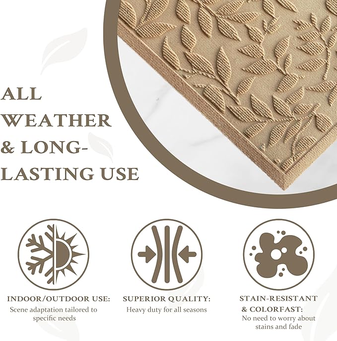 Beige Leaves Outdoor Indoor Entrance Doormats, Absorbent Durable Heavy Duty Welcome Front Door Mat,Thick Natural Rubber Back,Easy Clean Entryway Mat 17x30 Inch, Low Profile