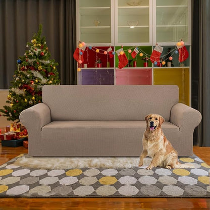 KEKUOU Stretch Sofa Cover Slipcover ，Couch Covers for 3 Cushion Couch Sofa pet Friendly (78"-94") Furniture Protector Sofa with Elastic Bottom for Kids,Dog, Jacquard Small Checked(Large,Camel)