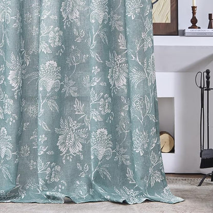 jinchan Linen Floral Curtains for Living Room, 84 Inch Length Curtains with Printed Flower Light Filtering Curtain, Rod Pocket Back Tab Blue Window Treatment Set Bedroom Curtain, 2 Panels Blue