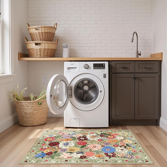 2x5 Entryway Runner Rugs, Non Slip Washable Rugs with Rubber Backing Soft Floral Carpet Runner for Kitchen, Laundry, Bedroom, Bathroom(2 x 5, Green Garden)