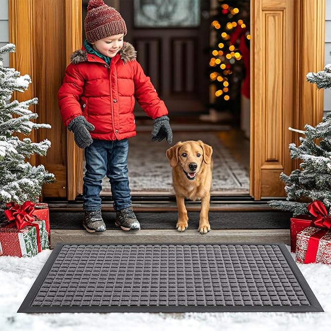 Smiry Front Door Mat Outside Entrance, Heavy Duty Natural Rubber Doormat, Non Slip, Trap Dirt and Moisture, Easy Clean, Low Profile Welcome Floor Mats for Indoor Outdoor Entry, 29.5x17 Inch, Mix Grey