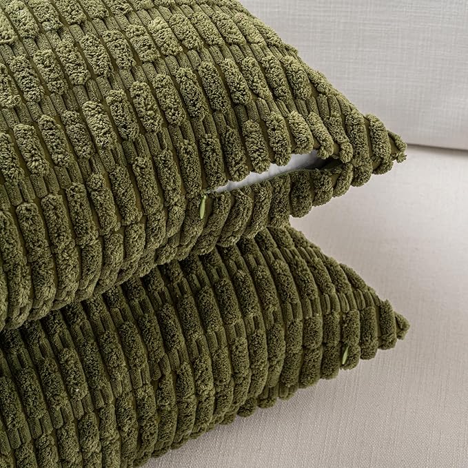 Fancy Homi 4 Packs Boho Moss Green Decorative Throw Pillow Covers 18x18 Inch for Couch Bed Sofa, Rustic Modern Farmhouse Home Decor, Soft Plush Corduroy Cute Square Cushion Case 45x45 cm