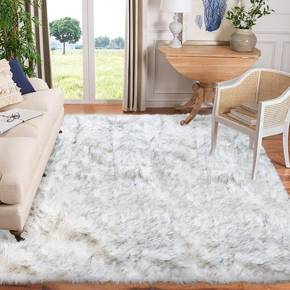 Goolela Sheepskin Area Rug 10x12 Fluffy Fuzzy Faux Fur Carpet for Living Room Bedroom Furry Shaggy Plush Washable Rectangle - White with Grey Tips