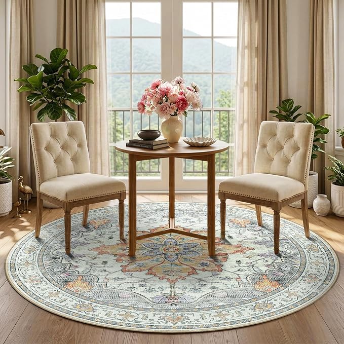 Area Rugs 5ft Washable Non-Slip, Floral Vintage Distress Print Pattern Medallion Carpet for Living Room Bedroom Dining Room, Light Yellow Carbon Grey Orange
