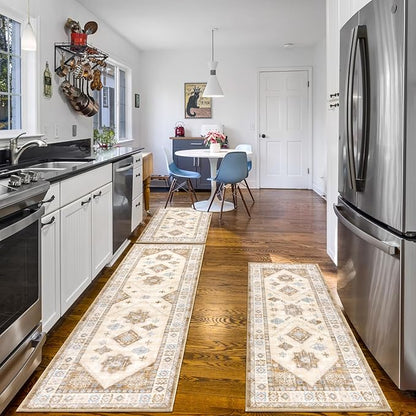 HEBE Boho Kitchen Rug Sets 3 Piece with Runner Non Slip Kitchen Rugs and Mats Washable Kitchen Mats for Floor Thick Kitchen Floor Mat Carpet Runner Rugs for Hallway Laundry Holiday Decor