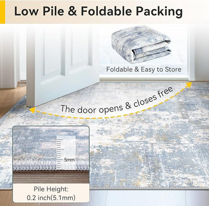 Washable Area Rugs 8'x10' Non-Slip Modern Abstract Soft for Living Room Entryway Bedroom Nursery, Print Pattern, Light Blue