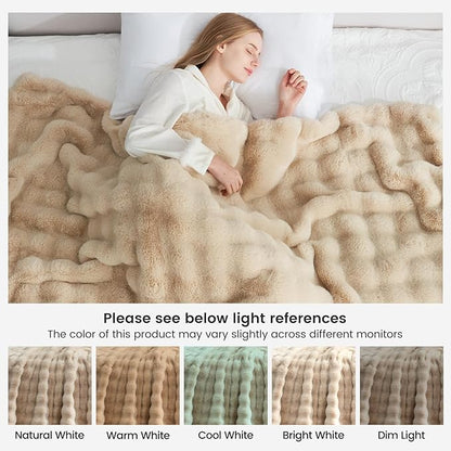 Cozy Bliss Faux Fur Throw Blanket for Couch, Bubble Plush Blanket Queen Size, Fuzzy Soft & Thick Blanket for Bed Sofa Living Room, 90x90 Inches Beige