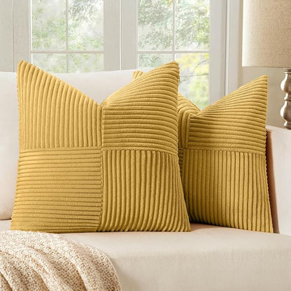 MIULEE Golden Mustard Decorative Throw Pillow Covers 16x16 Inch for Couch Bed Sofa Pack of 2 Boho Farmhouse Throw Pillows Soft Cross Corduroy Patchwork Textured Cushion Cases
