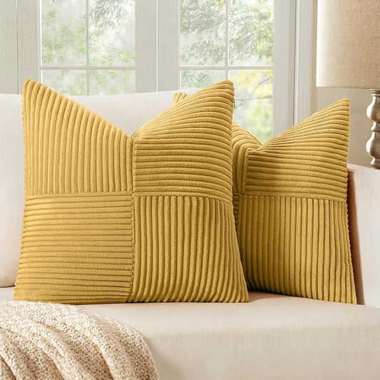 MIULEE Golden Mustard Decorative Throw Pillow Covers 20x20 Inch for Couch Bed Sofa Pack of 2 Boho Farmhouse Throw Pillows Soft Cross Corduroy Patchwork Textured Cushion Cases