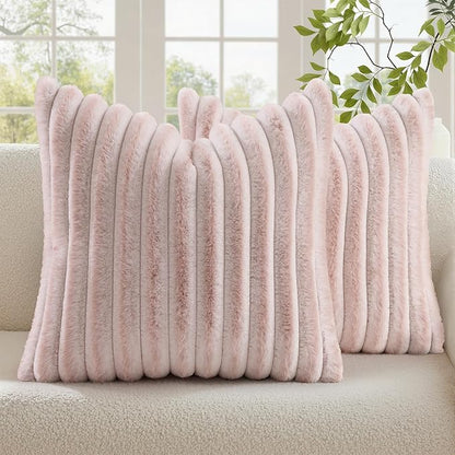 decorUhome Summer Cozy Faux Fur Throw Pillow Covers 16x16 Set of 2 Decorative Soft Plush Striped Modern Farmhouse Boho Couch Pillow Cases with Velvet Back for Sofa Bed Living Room, Pink White