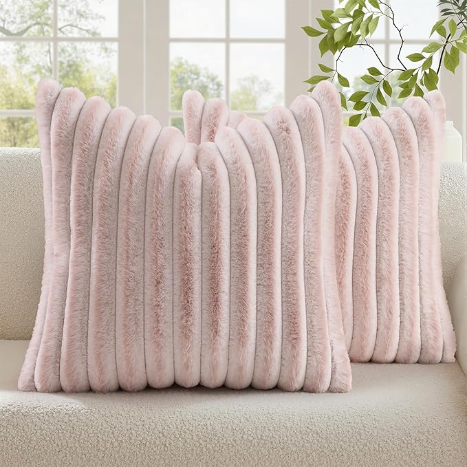 decorUhome Summer Cozy Faux Fur Throw Pillow Covers 20x20 Set of 2 Decorative Soft Plush Striped Modern Farmhouse Boho Couch Pillow Cases with Velvet Back for Sofa Bed Living Room, Pink White
