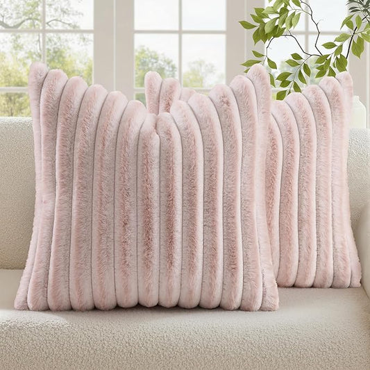 decorUhome Summer Cozy Faux Fur Throw Pillow Covers 20x20 Set of 2 Decorative Soft Plush Striped Modern Farmhouse Boho Couch Pillow Cases with Velvet Back for Sofa Bed Living Room, Pink White