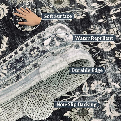 Yamaziot Washable Runner Rug 2x12 – Non Slip Boho Floral Hallway Runner Rug with Rubber Backing, Low Pile Faux Wool Distressed Carpet for Kitchen, Laundry, Bedroom, Entrance, Navy/Black