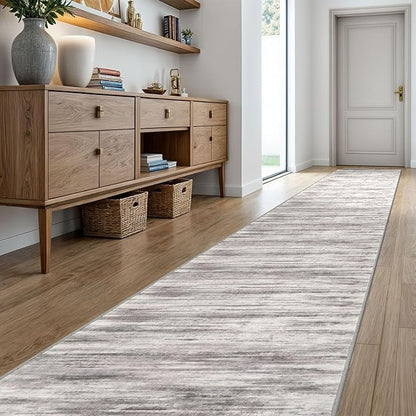KOZYFLY Modern Abstract Washable Long Runner Rug 2.6x20 Hallway Rug Runner Non-Slip Soft Stair Runner Rugs, Grey/Light Beige/Brown Striped Carpet for Kitchen Entryway Bathroom
