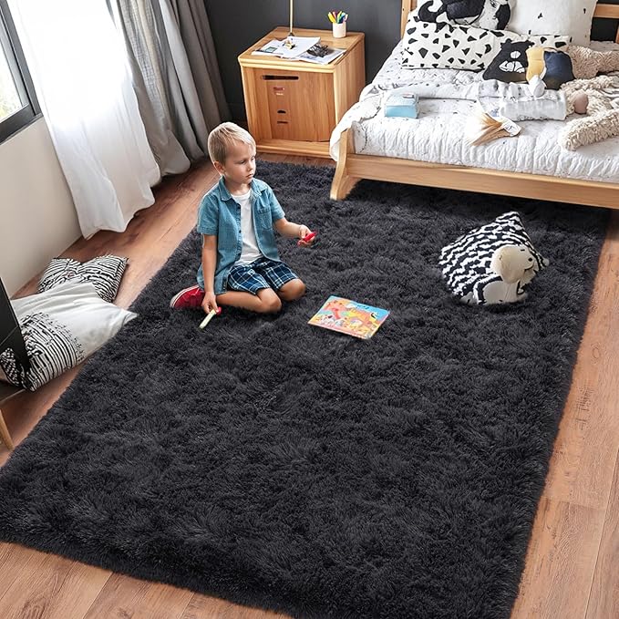 Rugs for Living Room 9x12, Soft Shaggy Modern Shag Area Rug for Bedroom, Upgrade Non-Slip Plush Fluffy Carpet for Kids Boys Girls Room Home Decor Aesthetic, Charcoal Gray
