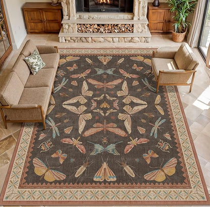 Brown Large 8x10 Living Room Area Rug, Unique Washable Insect Rugs for Bedroom, Stain Resistant Farmhouse Carpet for Dining Room, Whimsical Home Décor, Low Pile & Soft Mat