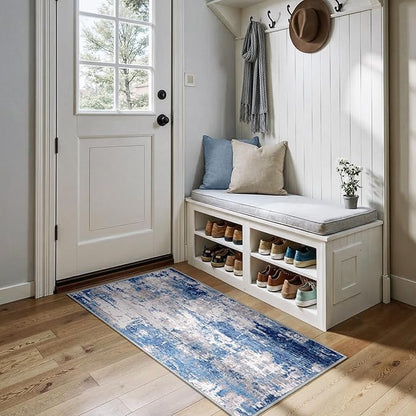 Washable Area Rugs 2'x5' Non-Slip Modern Abstract Soft for Living Room Entryway Bedroom Nursery, Print Pattern, Blue Grey Navy Gray