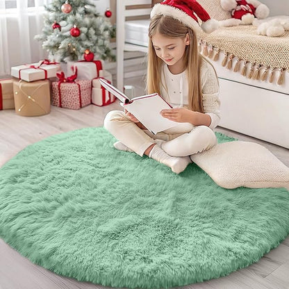 OLANLY Mint Green Round Rugs for Bedroom - Machine Washable, 4 ft Circle Area Rugs for Living Room, Soft and Fluffy Shaggy Carpet for Teen Girls and Boys, Nursery Rooms, Dorms, Home Decor Aesthetic