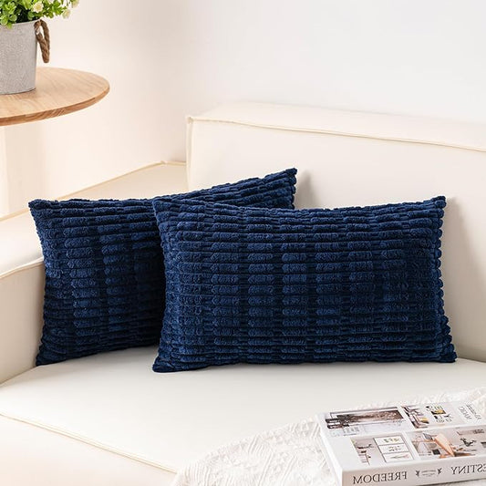 Pack of 2 Corduroy Decorative Throw Pillow Covers 12x20 InchSoft Boho Striped Pillow Covers Modern Farmhouse Home Decor for Sofa Living Room Couch Bed(Blue)