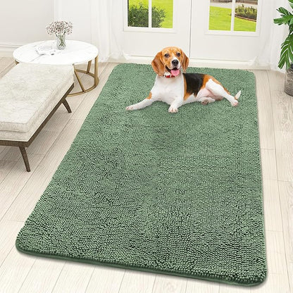 OLANLY Dog Door Mat for Muddy Paws 59x32, Absorbs Moisture and Dirt, Absorbent Non-Slip Washable Doormat, Quick Dry Chenille Mud Mat, Entry Indoor Entryway Carpet for Inside Floor, Olive Green