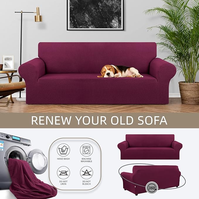 KEKUOU Stretch Sofa Cover Slipcover ，Couch Covers for 3 Cushion Couch Sofa pet Friendly (78"-94") Furniture Protector Sofa with Elastic Bottom for Kids,Dog, Jacquard Small Checked(Large,Wine)