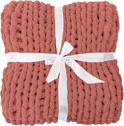 Bigacogo Chunky Knit Throw Blanket for Couch, 51x63 inches, 100% Hand Knitted with Thick Jumbo Chenille Yarn, Cozy Soft Large Rope Knot Cable Crochet Blankets for Sofa Bed Living Room, Antique Red