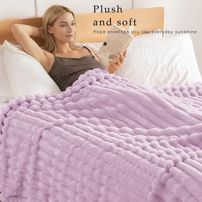 Exclusivo Mezcla Twin Size Flannel Fleece Blanket, Super Soft Striped Jacquard Bed Blanket, Lightweight Fuzzy Cozy for All Seasons, 60x80 Inches, Lilac Purple