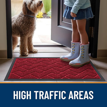 OLANLY Front Door Mat Indoor Outdoor Entrance, Waterproof All-Season, All-Weather Doormat, Sturdy Natural Rubber, Low Profile, Easy Clean Patio Porch Entryway Mat, Herringbone Brick (Wine Red, 47x17)