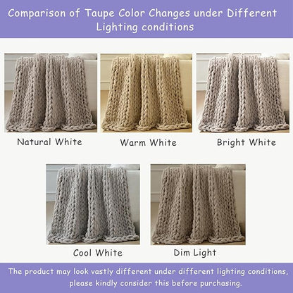 Bigacogo Chunky Knit Throw Blanket for Couch, 40x80 inches, 100% Hand Knitted with Thick Jumbo Chenille Yarn, Cozy Soft Large Rope Knot Cable Crochet Blankets for Sofa Bed Living Room, Taupe